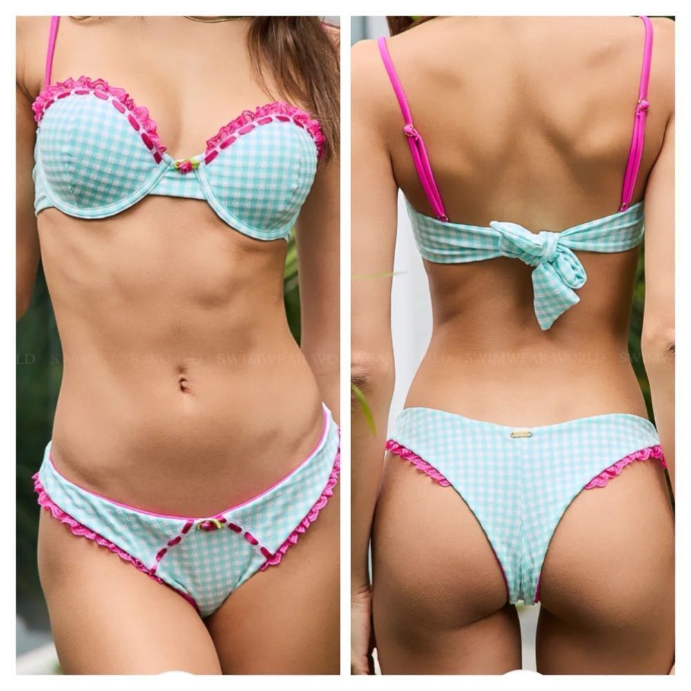 Beach Bunny Aqua Karissa Tango Bottom Pink and Aqua Blue Gingham Bikini Medium